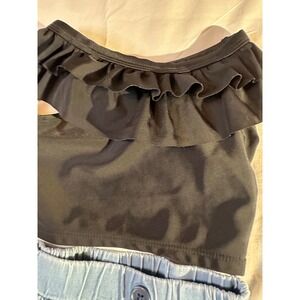 RuffleButts Baby Girl 2pc Set Black Ruffle Top Denim Ruffle Shorts 12-18M